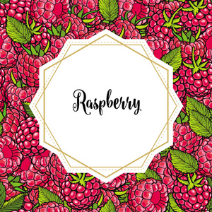 树莓无缝图案与新鲜成熟浆果的草图风格和白色贴纸上的文本