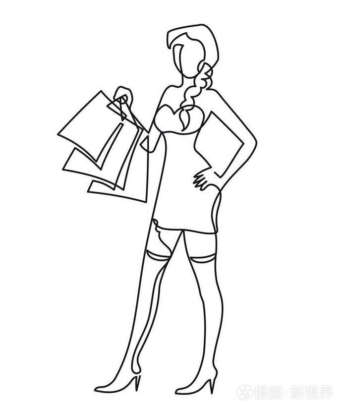 连续一条线画可爱的女人与购物袋在他们手中矢量插图