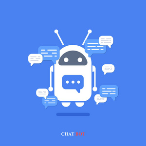 矢量现代平面聊天机器人在蓝色背景下的语音气泡图标