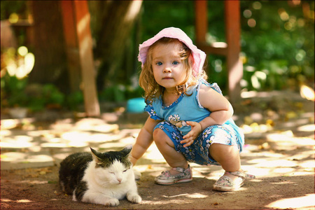 小学步女孩中风猫关闭照片在夏季户外背景