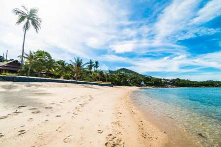 美丽的热带海滩海和沙子与椰子棕榈树在蓝天白云为旅行和假期