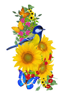 山雀鸟坐在一枝鲜红的花朵上, 黄色的向日葵, 绿叶, 美丽的蝴蝶。在白色背景下被隔离。花卉组合