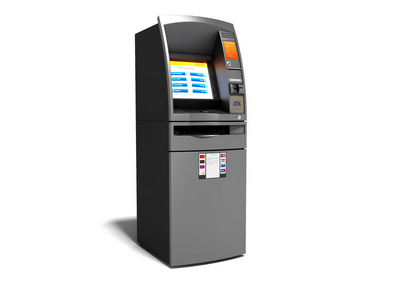 包括用于电子汇款的现代 atm 3d 渲染在白色背景与阴影