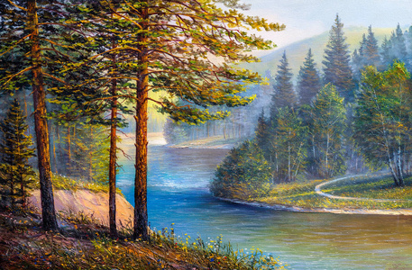 景观, 森林与松树和冷杉树, 石头和绿草在岸边的河流.油画照片