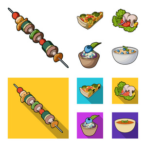 一块素食披萨, 配西红柿, 生菜叶配蘑菇, 蓝莓蛋糕, 素食汤和青菜。素食套餐集合图标卡通, 平面矢量符号股票