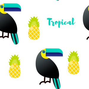 矢量插图。无缝模式。热带饰品。巨嘴鸟, 菠萝包装纸