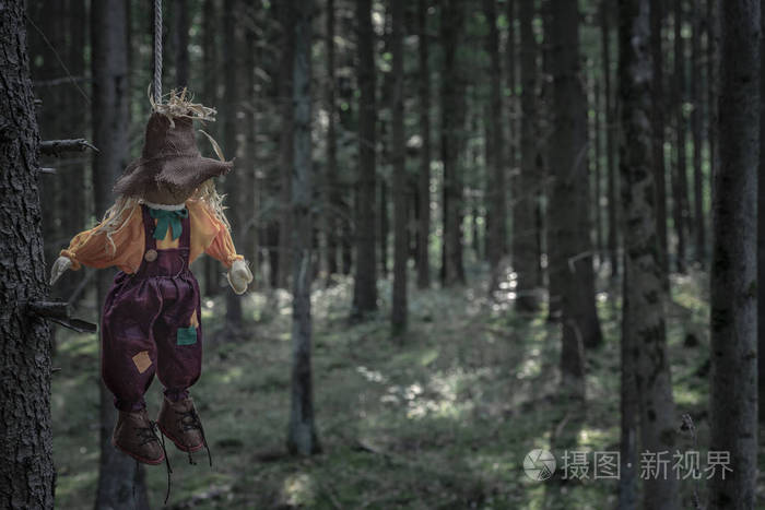 可怕的风景与一个破旧的稻草人绑在树枝上的绳子和左挂, 在黑暗的树林