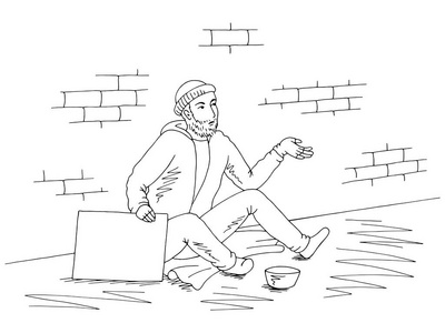 乞丐拿着一张海报, 要钱, 坐在街道上的黑白素描插图向量照片