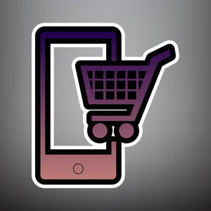 购物的智能手机标志。向量。紫色渐变图标随以
