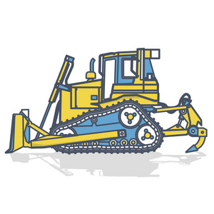 蓝色黄色概述大挖掘机, 挖掘机在白色。挖掘地面。工程机械和地面工程。专业拼合隔离插画主矢量