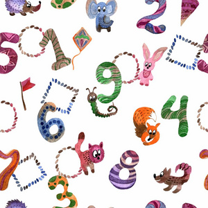 水彩手绘无缝的图案与生日数字和 fanny 动物