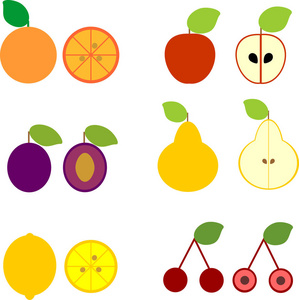 一套不同成熟的水果, 在简单的卡通风格的白色背景孤立。水果节