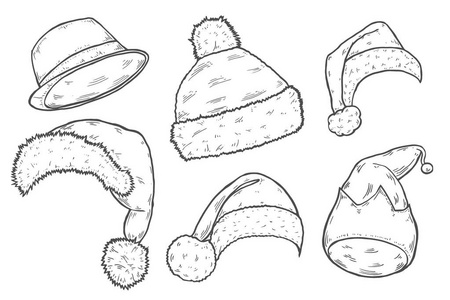 圣诞老人的帽子矢量铅笔素描图标。新年和圣诞节的装饰元素