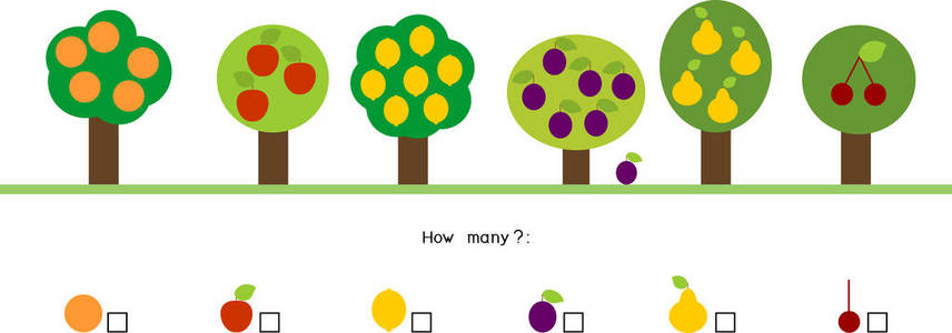 树上有多少种不同的水果。学龄前儿童不同水果教育游戏的计数