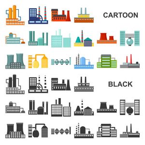 工厂和设施卡通图标集的设计。工厂和设备矢量符号库存 web 插图