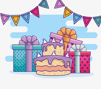 快乐的生日与蛋糕和党的横幅