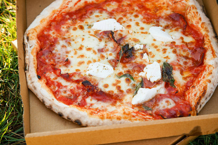 意大利比萨饼番茄酱和新鲜的布拉塔在打开的纸板箱在草地上, 食品交付概念