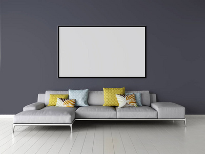 现代明亮的室内公寓与模拟海报框架3d 渲染插图