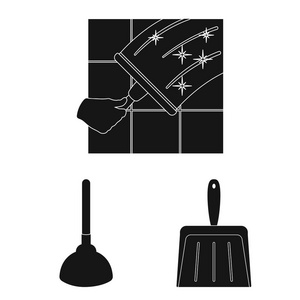 清洁和女仆黑色图标集合中的设计。清洗矢量符号图的设备