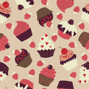 无缝的背景与可爱的蛋糕和草莓