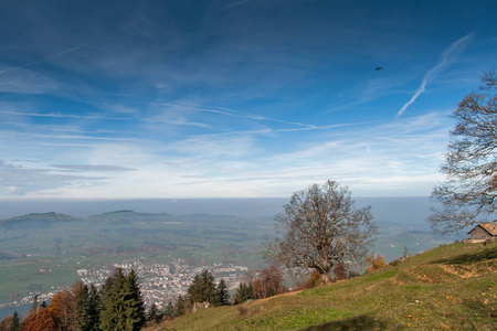 风景与绿色草甸在卢塞恩湖之上, 附近山 Rigi, 阿尔卑斯, 瑞士