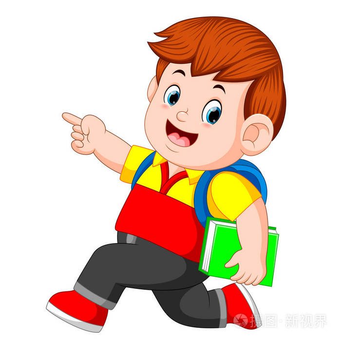一个书包和书走路的小学生