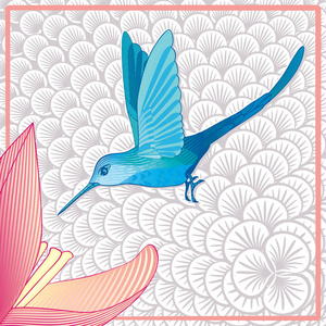 蓝色蜂鸟鸟和美丽的花朵, 矢量, 插图贺卡