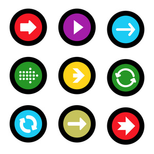 箭头符号图标集在黑色背景上的圆形状互联网按钮。eps10 矢量插图 web 元素