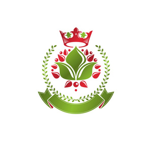 纹章徽章装饰会徽与百合花卉和皇家皇冠，生态产品。孤立的矢量图鸢尾