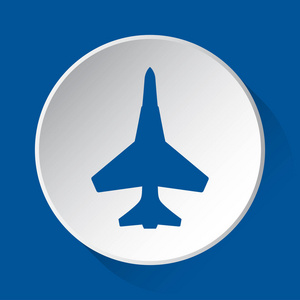 战斗机简单的蓝色图标上的白色按钮与阴影在前面的蓝色正方形背景照片