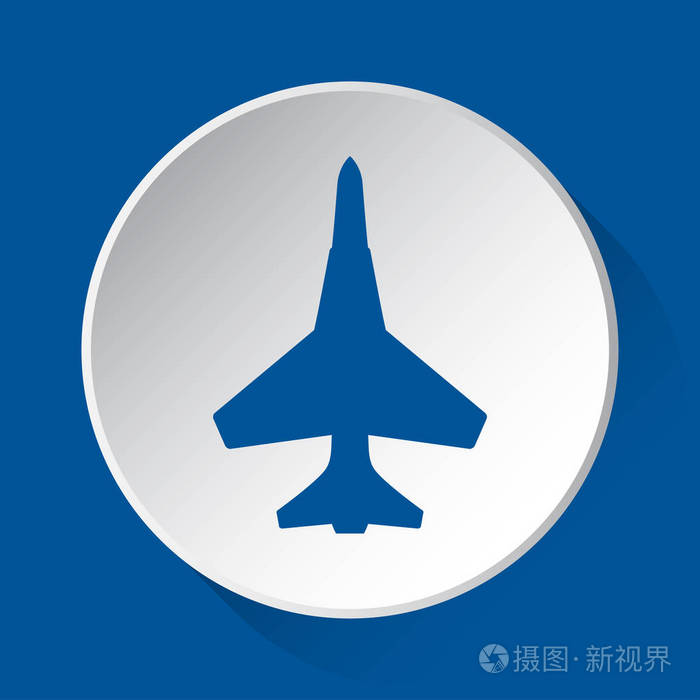 战斗机-简单的蓝色图标上的白色按钮与阴影在前面的蓝色背景