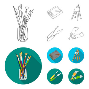 银行用刷子, 一个图画板, 一个画架与帆布, 油漆刀。艺术家和绘图集图标的轮廓, 平面风格矢量符号股票插画网站