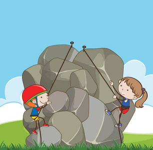 男孩和女孩攀登岩石例证
