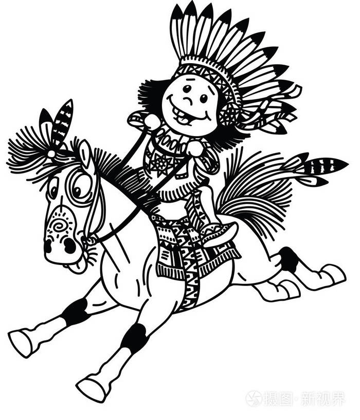 插画 卡通孩子穿着土生土长的印度服装, 骑着野马马.