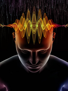 心波系列。设计由人类头部3d 图解和技术符号构成的意识大脑智力和人工智能主题的隐喻