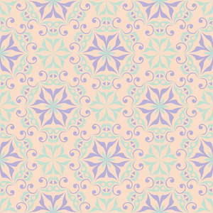 米色花卉无缝图案, 带有紫色和蓝色图案, 用于墙纸纺织品和织物