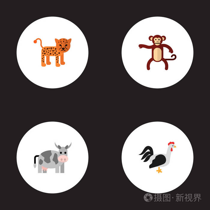一套动物图标扁平样式符号与豹, 公鸡, 猴子和其他图标为您的 web 移动应用程序徽标设计