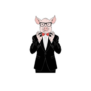 佩佩猪猪人身着燕尾服, 拟人化动物插画照片