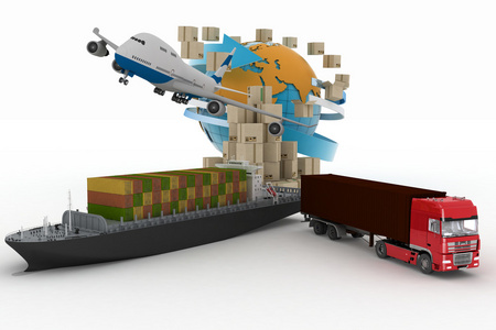围绕全球 货船 卡车和飞机的纸箱。在线商品的概念在世界范围内订单图片