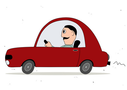 简单的卡通红色车司机司机开车用电话打粗心的男人角色.