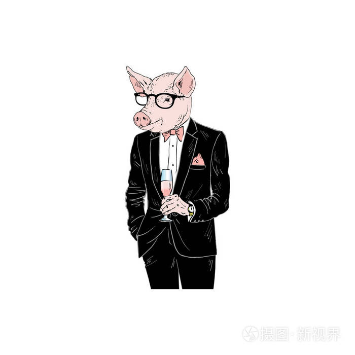 猪人穿着燕尾服与chanpagne拟人化动物例证