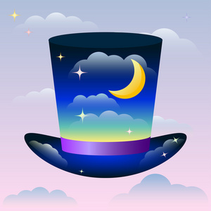 在夕阳的天空中漂浮着一顶明亮的魔法帽子的插图