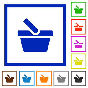在白色背景的方形框架购物篮扁平颜色图标