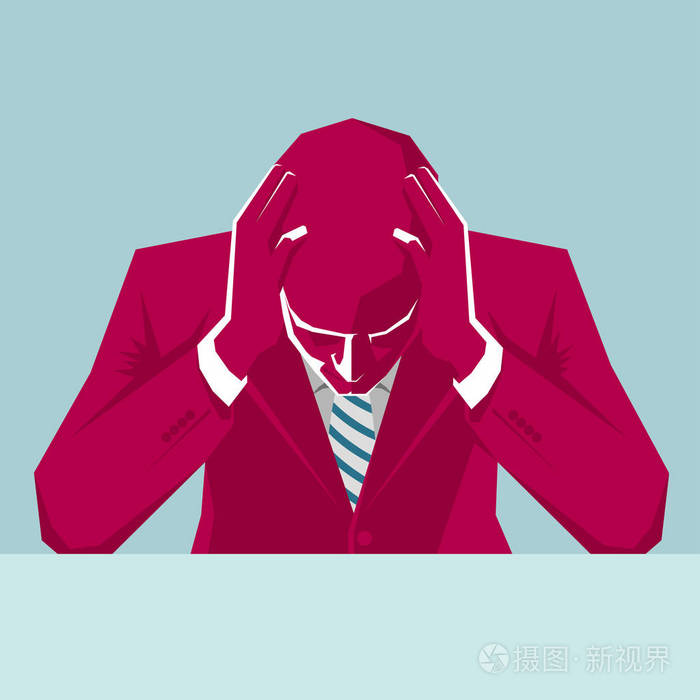 沉思的商人抱着头.背景为蓝色