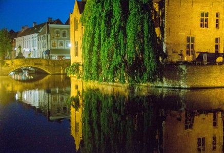 比利时布鲁日的运河夜景