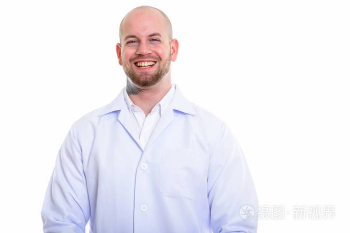 工作室拍摄的年轻秃头肌肉男医生