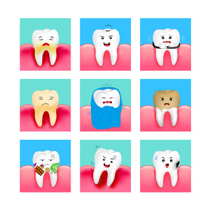 一套可爱的卡通牙齿表情与不同的面部表情。牙科护理的概念。在白色背景上隔离的框架中的插图