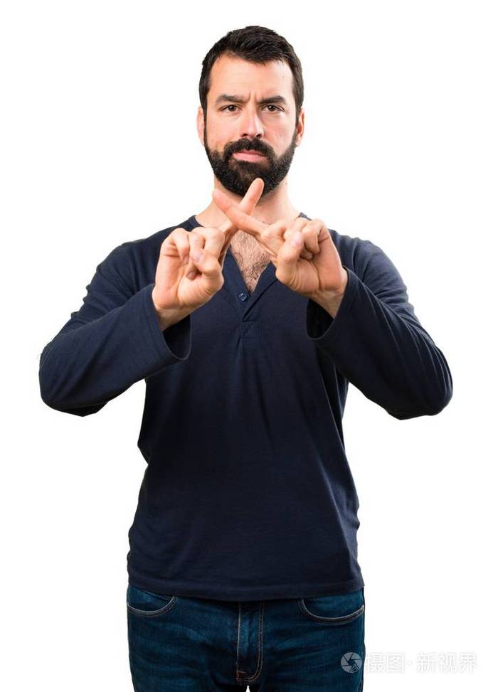 英俊的人与胡子做没有手势