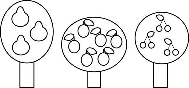 着色页。一套不同风格的卡通果树平型