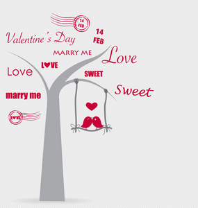 树与鸟的情人节背景。矢量图